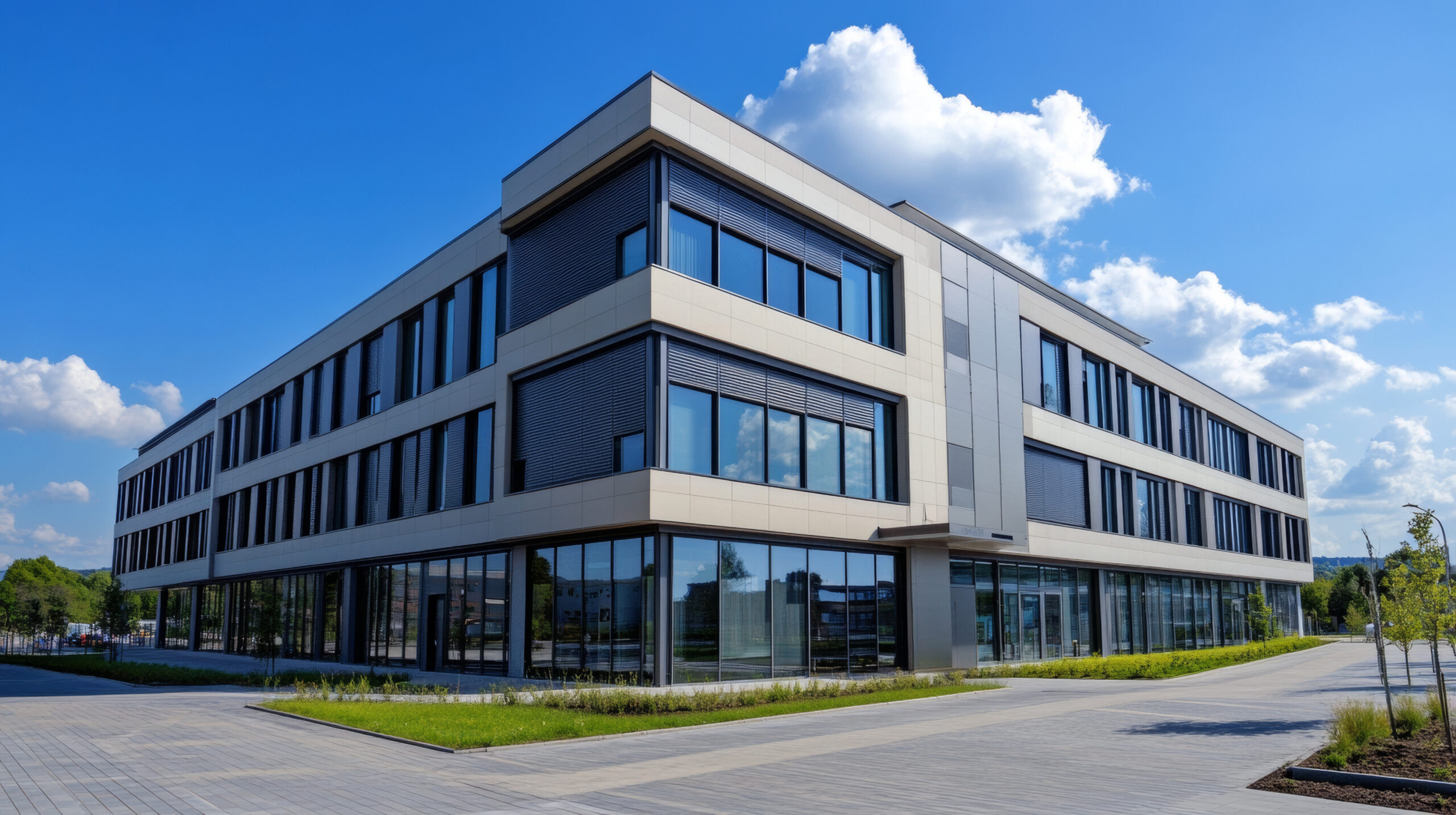 A Modern Office Building With Information About Its Design, Including The Outside Appearance (facade) And A Small Part Of The Building’s Exterior.